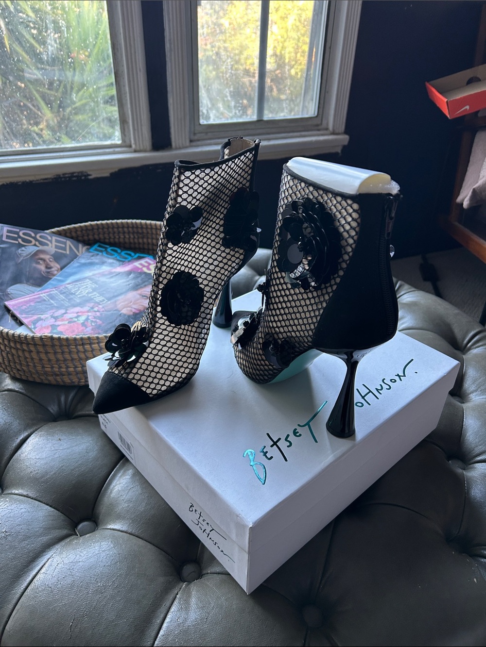 Betsey Johnson Black Mesh Floral Appliqué Stiletto Ankle Boots